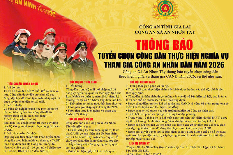 Công an xã An Nhơn Tây thông báo tuyển chọn công dân thực hiện nghĩa vụ tham gia CAND năm 2026